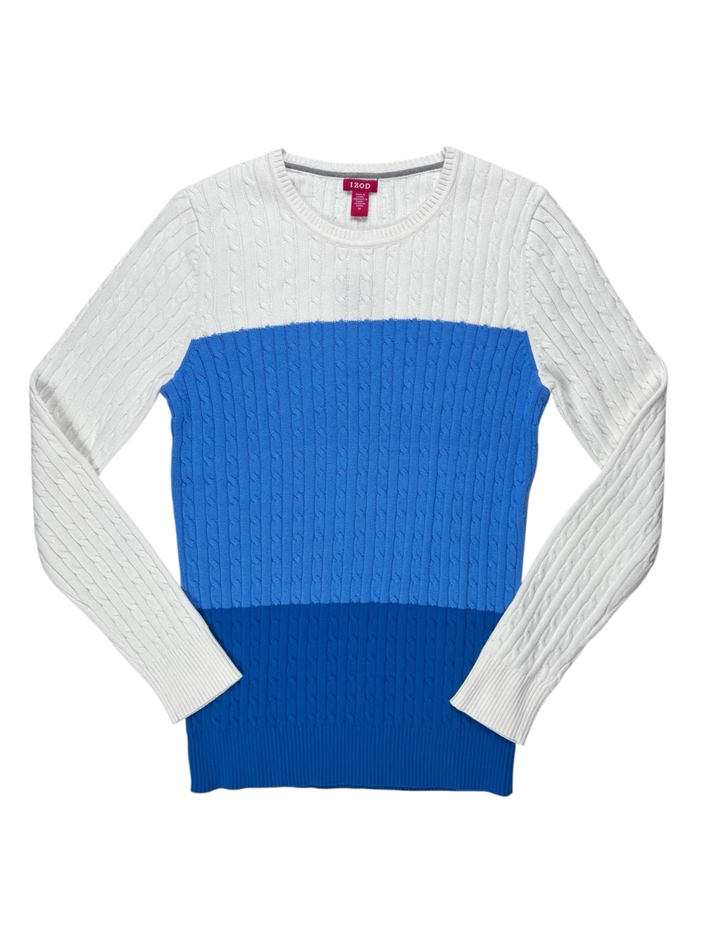 IZOD Women's Cable Knit Color Block Blue Cream Long Sleeve Sweater Size Medium